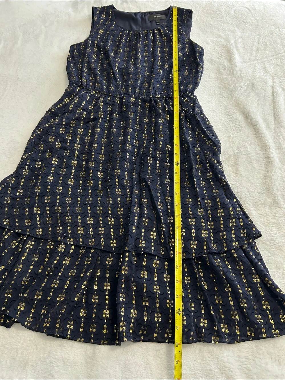 J Crew Silk Blend Textured Dress Size 2 Navy Blue Gold Chiffon Tiered Sleeveless